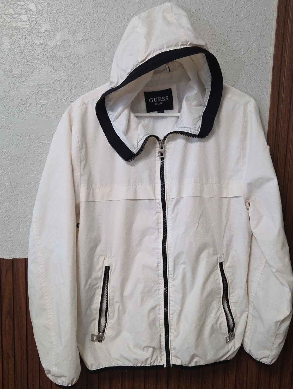 GUESS White Hooded Windbreaker with Black Accents Small Size